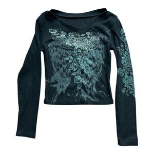 Black Long Sleeve Crop Top with Floral Design